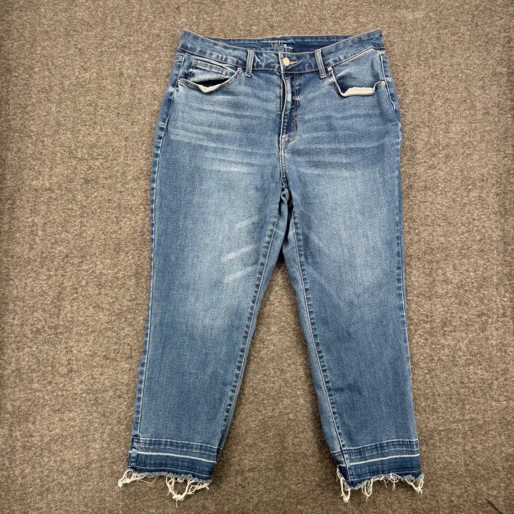 Time and Tru Women High Rise Straight Leg Jeans Medium Wash Raw Hem Size 16 Crop
